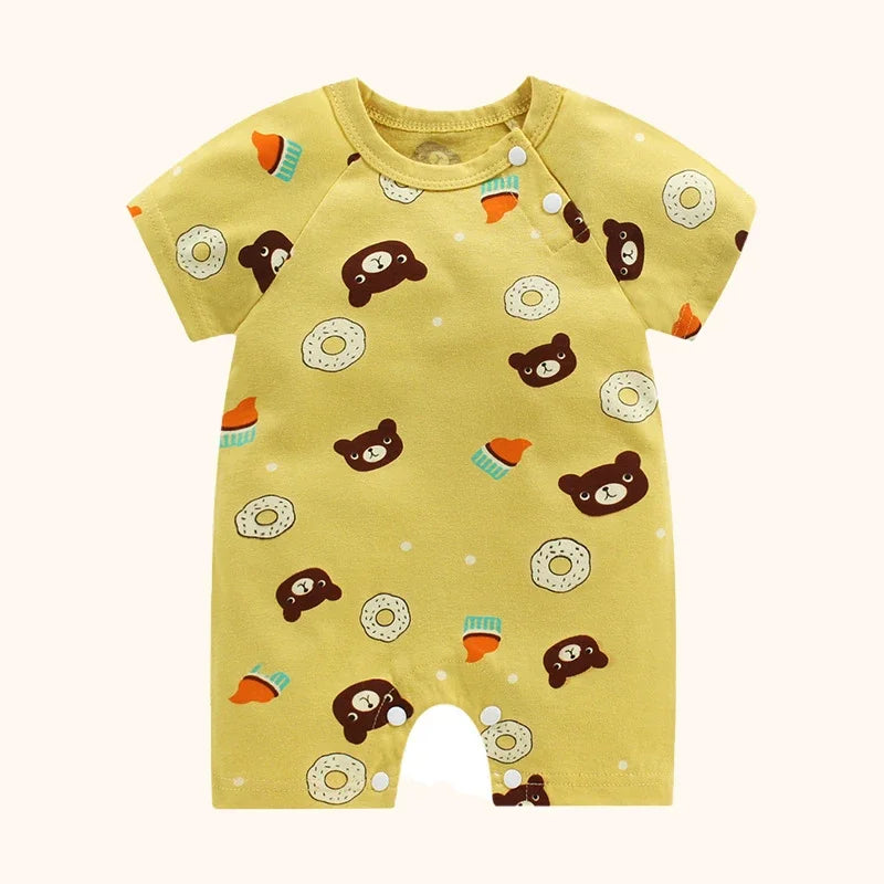 Cotton baby bodysuit with short sleeves, breathable fabric, and snap closure for newborns and infants – perfect summer babywear
