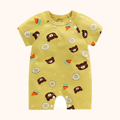 Cotton baby bodysuit with short sleeves, breathable fabric, and snap closure for newborns and infants – perfect summer babywear