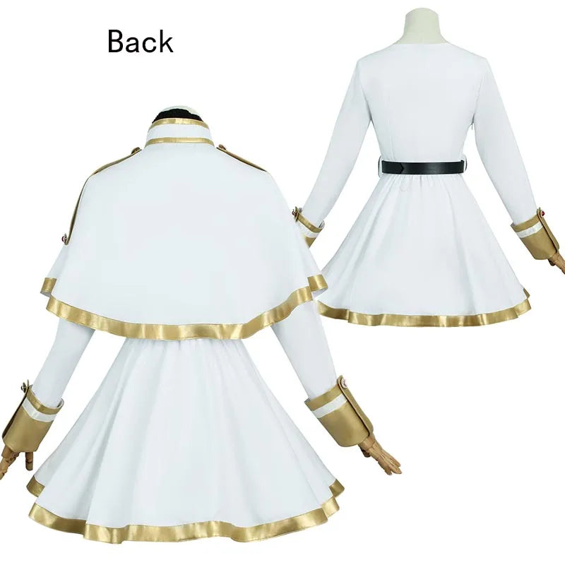White dress with gold accents on a white background
