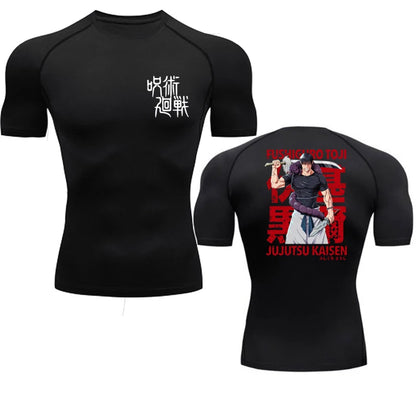 Black t-shirt with white text on the front and a graphic design on the back featuring a character and text.