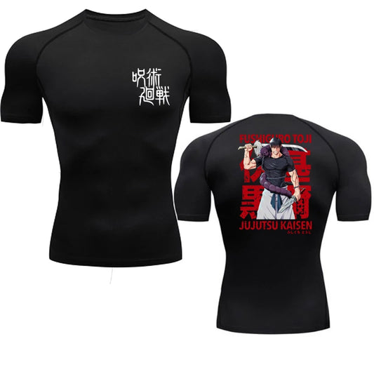 Black t-shirt with white text on the front and a graphic design on the back featuring a character and text.