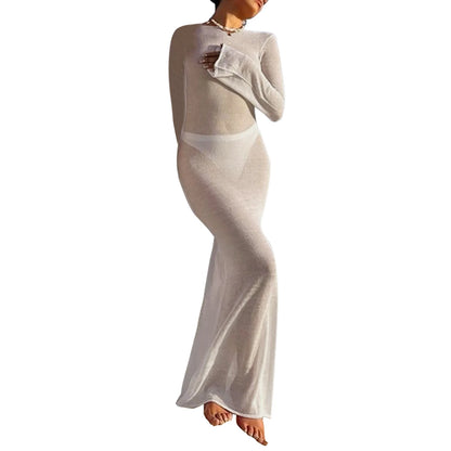 Sheer long sleeve beach cover-up dress for women – backless lightweight summer maxi over swimwear