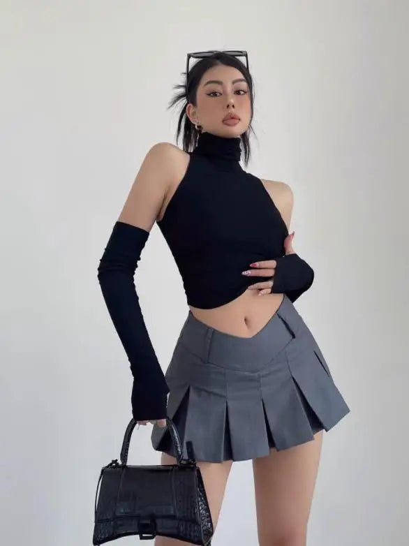 Sexy high neck pleated sleeveless crop tank top for women, Y2K clubwear and streetwear