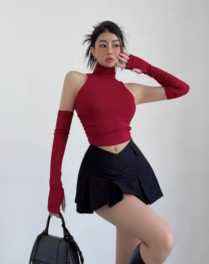 Sexy high neck pleated sleeveless crop tank top for women, Y2K clubwear and streetwear