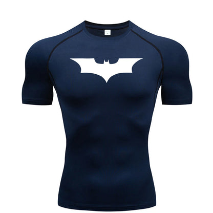Navy blue t-shirt with a white bat symbol on a white background